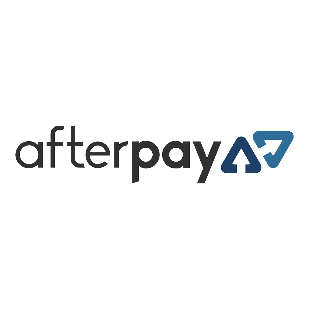 afterpay logo. Interest free finance, pay in 6 installments. 