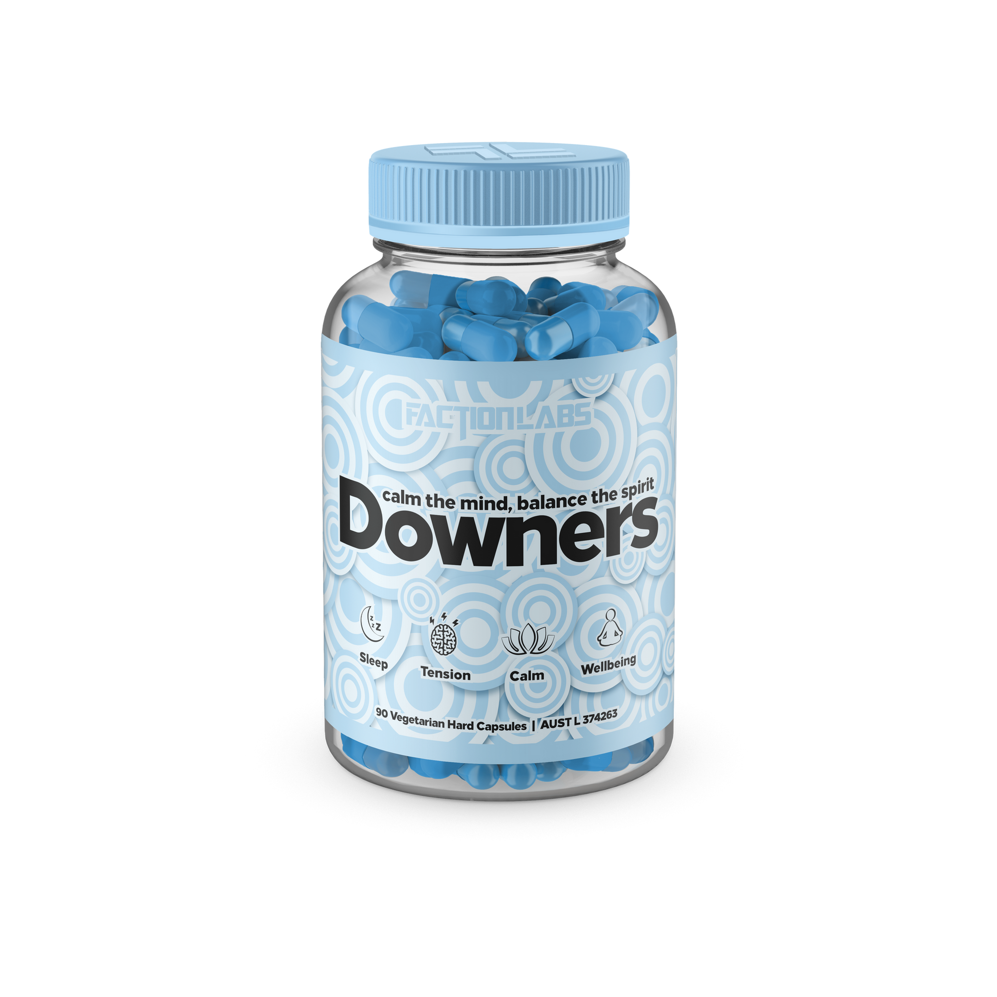 Fitness Hero Presents Downers By Faction Labs, made to support sleep and stress relief,  and promote a feeling of calm and general wellbeing, Downers are the perfect antidote to the stressors associated with training, work, and general life.
