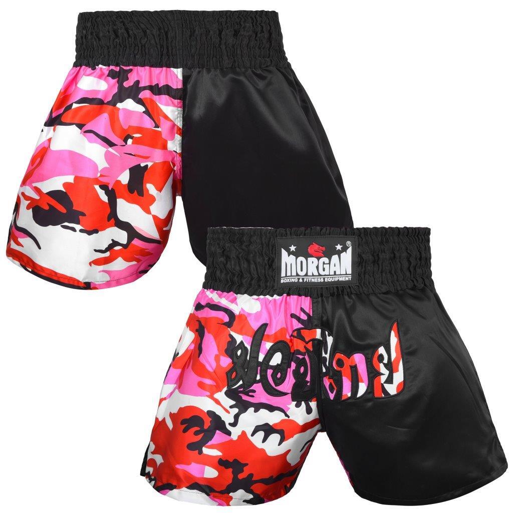 The Fitness Hero muay thai shorts by Morgan Sports will make you feel like the true Muay Thai fighter that you are, featuring a traditional muay thai cut design, with MTS-3 grade satin and fierce in-ring style to give you the edge over your competitors. 50/50 Diable style with pink, white red & black colours