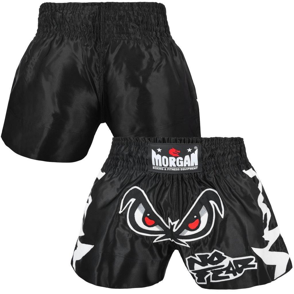 The Fitness Hero muay thai shorts by Morgan Sports will make you feel like the true Muay Thai fighter that you are, featuring a traditional muay thai cut design, with MTS-3 grade satin and fierce in-ring style to give you the edge over your competitors. Black no fear style