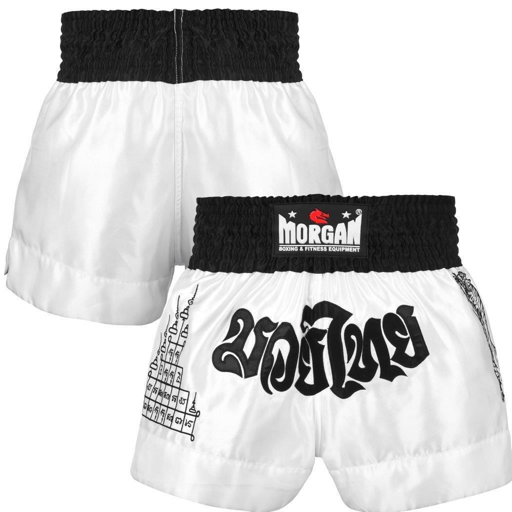 The Fitness Hero muay thai shorts by Morgan Sports will make you feel like the true Muay Thai fighter that you are, featuring a traditional muay thai cut design, with MTS-3 grade satin and fierce in-ring style to give you the edge over your competitors. White with black writing