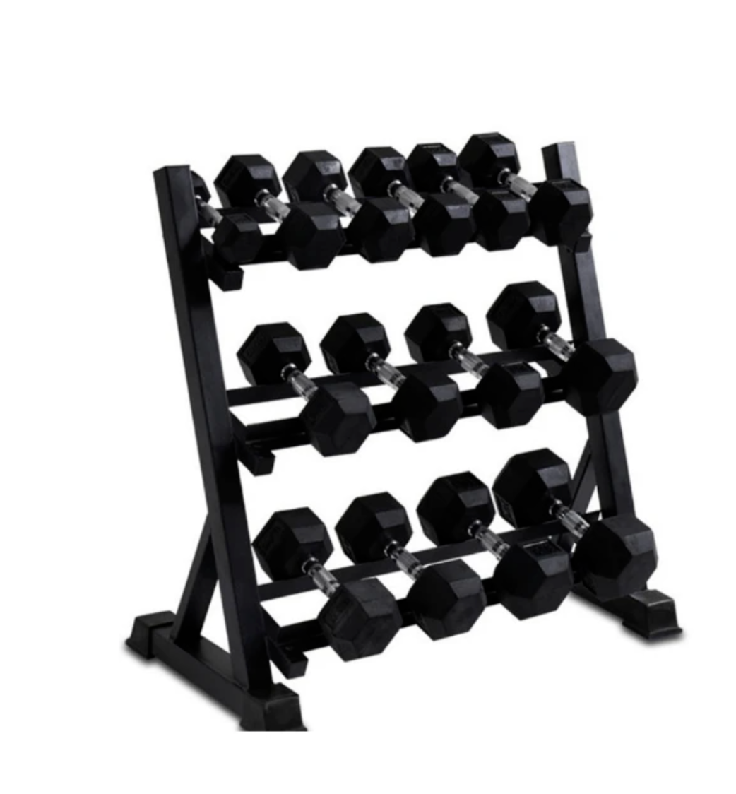 The Fitness Hero 3 Tier Dumbbell Rack is perfect for keeping all your dumbbells in one place, this 9-10 pair dumbbell rack helps save space and keeps your gym area tidy! Our Dumbbell Rack can comfortably fit 3 pairs of small Hex Dumbbells per tier or 2 pairs of heavier Hex Dumbbells.